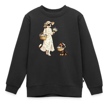 Chat fleuri & teckel dans le style Cottagecore - Sweat Premium enfant bio - noir - Devant - AI Model Kid Female (0cm)