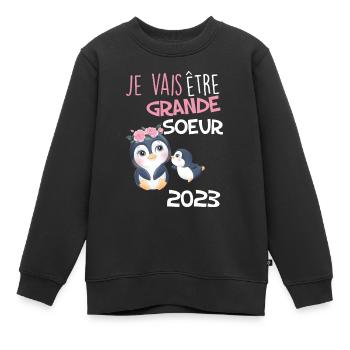 Grande soeur 2023 Humour Pingouin Mignon - Sweat Premium enfant bio - noir - Devant - AI Model Kid Female (0cm)