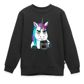 schlecht gelauntes Einhorn mit Kaffeebecher - Kinder Premium Organic Sweatshirt - Schwarz - Vorne - AI Model Kid Female (0cm)