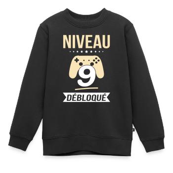 Anniversaire 9 ans - Niveau 9 débloqué - Gamer - Sweat Premium enfant bio - noir - Devant - AI Model Kid Female (0cm)