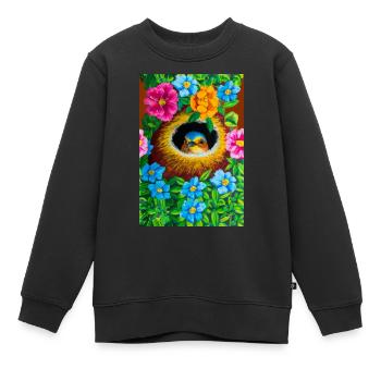 Vogel in seinem Nest umgeben von Blumen - Kinder Premium Organic Sweatshirt - Schwarz - Vorne - AI Model Kid Female (0cm)