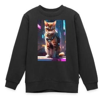 Chat Cyberpunk - Sweat Premium enfant bio - noir - Devant - AI Model Kid Female (0cm)