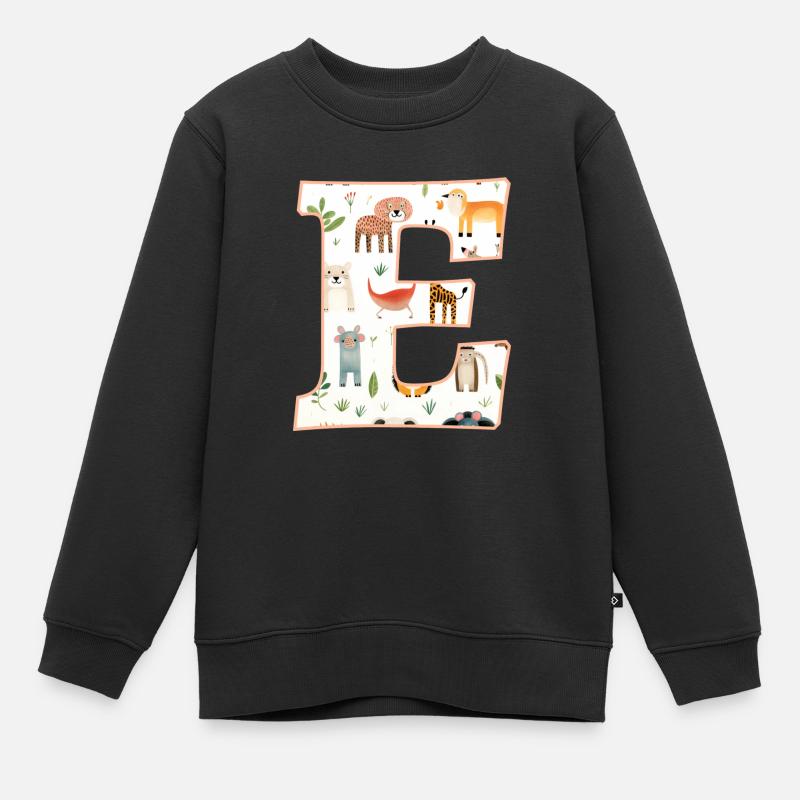 Letter E, Monogram, Animal Pattern - Kids Premium Organic Sweatshirt - black