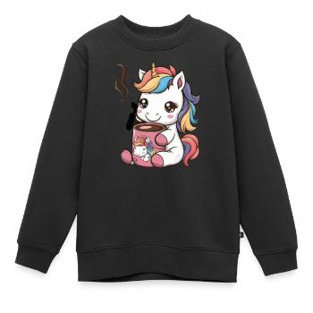 Licorne kawaii buvant du cacao - Sweat Premium enfant bio - noir - Devant - AI Model Kid Female (0cm)