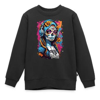 Totenkopfmädchen mit Kopfhörern - Kinder Premium Organic Sweatshirt - Schwarz - Vorne - AI Model Kid Female (0cm)