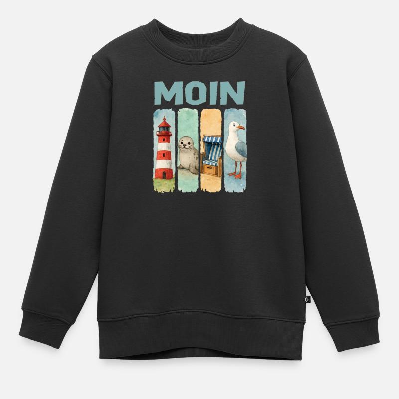 Phare de Moin, chaise de plage avec phoques, côte des mouettes - Sweat Premium enfant bio - noir