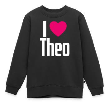 I Love Theo Pinkes Herz Ich liebe Theo - Kinder Premium Organic Sweatshirt - Schwarz - Vorne - AI Model Kid Female (0cm)