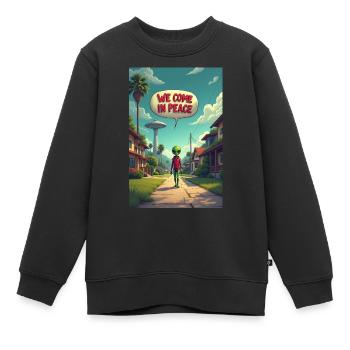 Ein netter, kleiner Alien entsteigt seinem UFO - Kinder Premium Organic Sweatshirt - Schwarz - Vorne - AI Model Kid Female (0cm)