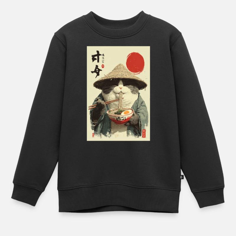 Chat samouraï mangeant des ramen - Sweat Premium enfant bio - noir