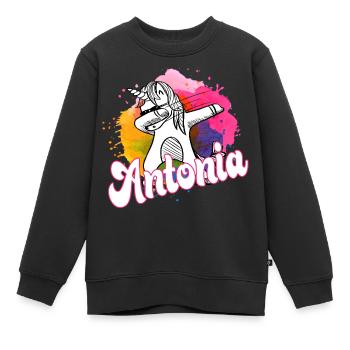 Beautiful name with dabbing unicorn - ANTONIA - Kids Premium Organic Sweatshirt - black - Front - AI Model Kid Female (0cm)