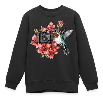 Kolibri in Blütenpracht mit Fotoapparat - Kinder Premium Organic Sweatshirt - Schwarz - Vorne - AI Model Kid Female (0cm)