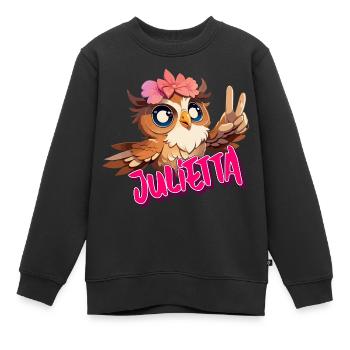 JULIETTA - Beau prénom de fille avec un joli hibou - Sweat Premium enfant bio - noir - Devant - AI Model Kid Female (0cm)