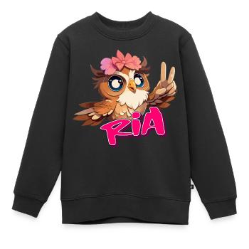 RIA - Beau nom de fille avec hibou mignon - Sweat Premium enfant bio - noir - Devant - AI Model Kid Female (0cm)