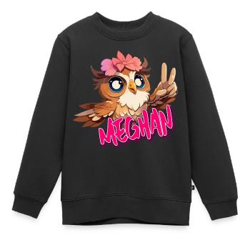 MEGHAN - Beau nom de fille avec un hibou mignon - Sweat Premium enfant bio - noir - Devant - AI Model Kid Female (0cm)