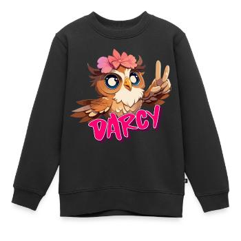 DARCY - Beautiful girl name with cute OWL - Kids Premium Organic Sweatshirt - black - Front - AI Model Kid Female (0cm)