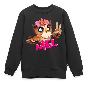 MEL - Beau nom de fille avec hibou mignon - Sweat Premium enfant bio - noir - Devant - AI Model Kid Female (0cm)