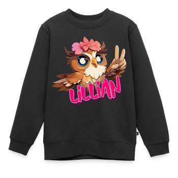 LILLIAN - Beau nom de fille avec hibou mignon - Sweat Premium enfant bio - noir - Devant - AI Model Kid Female (0cm)