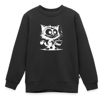 Lustig grinsende Katze mit Kaffeetasse - Kinder Premium Organic Sweatshirt - Schwarz - Vorne - AI Model Kid Female (0cm)