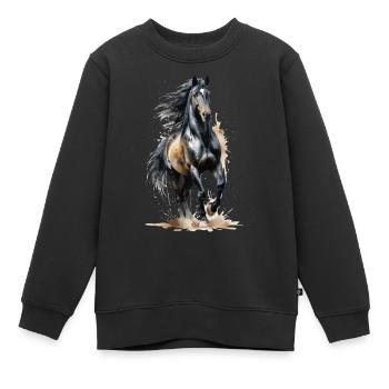 Étalon noir fringant - Aquarelle - Sweat Premium enfant bio - noir - Devant - AI Model Kid Female (0cm)