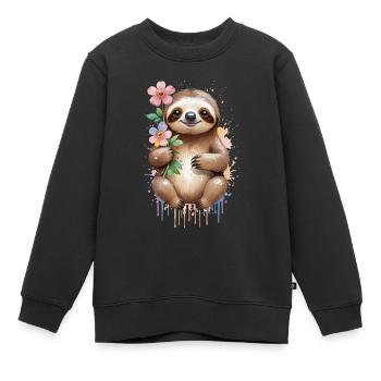 Verschlafenes Faultier mit Blumen - Aquarell - Kinder Premium Organic Sweatshirt - Schwarz - Vorne - AI Model Kid Female (0cm)