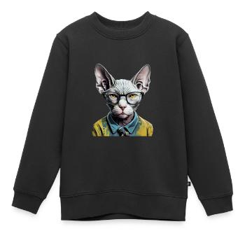 Chat hipster Ziggy - Sweat Premium enfant bio - noir - Devant - AI Model Kid Female (0cm)