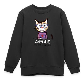 Lustige Katze, lächeln und glücklich sein! - Kinder Premium Organic Sweatshirt - Schwarz - Vorne - AI Model Kid Female (0cm)