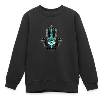 La main Hamsa, œil qui voit tout, Nazar, symbole de protection - Sweat Premium enfant bio - noir - Devant - AI Model Kid Female (0cm)