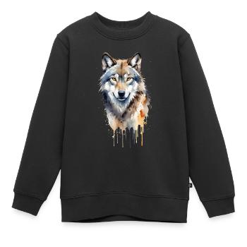 Stiller Wächter: Aquarell Grauer Wolf Porträt - Kinder Premium Organic Sweatshirt - Schwarz - Vorne - AI Model Kid Female (0cm)