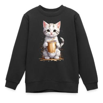 Neugierige Katze und Kaffeetasse - Aquarell - Kinder Premium Organic Sweatshirt - Schwarz - Vorne - AI Model Kid Female (0cm)