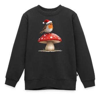 Robin en chapeau de Père Noël sur un champignon rouge - Sweat Premium enfant bio - noir - Devant - AI Model Kid Female (0cm)