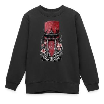 Ruhige Blüten: Japanisches Schreintor mit Flora - Kinder Premium Organic Sweatshirt - Schwarz - Vorne - AI Model Kid Female (0cm)