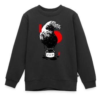 Encre vague japonais noir - Sweat Premium enfant bio - noir - Devant - AI Model Kid Female (0cm)