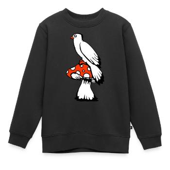 Vogel sitzt süß großer Pilz Punkten Fliegenpilz - Kinder Premium Organic Sweatshirt - Schwarz - Vorne - AI Model Kid Female (0cm)