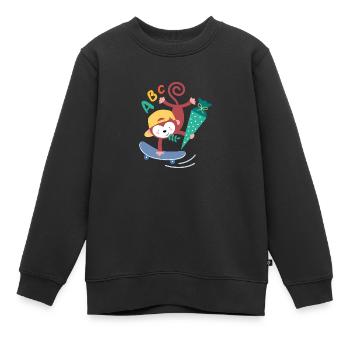 Singe sur planche à roulettes avec cône d’écolier - Sweat Premium enfant bio - noir - Devant - AI Model Kid Female (0cm)