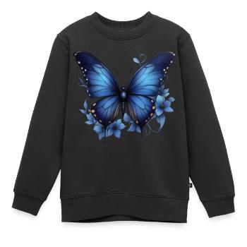 Eleganz des Himmels: Blauer Schmetterling - Kinder Premium Organic Sweatshirt - Schwarz - Vorne - AI Model Kid Female (0cm)
