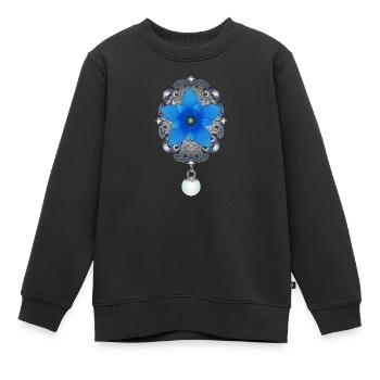 Elégante broche à motif fleur de gentiane bleue - Sweat Premium enfant bio - noir - Devant - AI Model Kid Female (0cm)