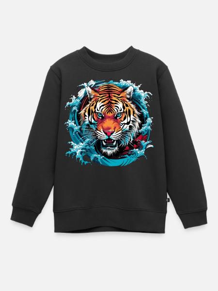 Asiatisch Tiger Anime Japanisch Meer Wellen - Kinder Premium Organic Sweatshirt - Schwarz