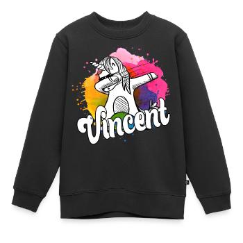 VINCENT - Beau nom de garçon avec une licorne cool - Sweat Premium enfant bio - noir - Devant - AI Model Kid Female (0cm)