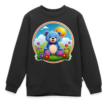 Süßer blauer Teddybär im Garten Sonne und Wolken - Kinder Premium Organic Sweatshirt - Schwarz - Vorne - AI Model Kid Female (0cm)