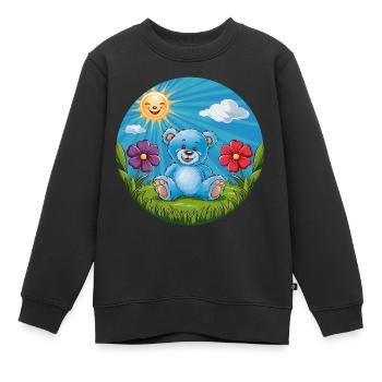 Süßer blauer Teddybär im Garten Sonne und Wolken - Kinder Premium Organic Sweatshirt - Schwarz - Vorne - AI Model Kid Female (0cm)