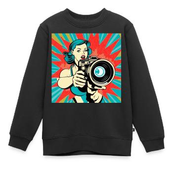 Photographe Pop Art Femme - Sweat Premium enfant bio - noir - Devant - AI Model Kid Female (0cm)