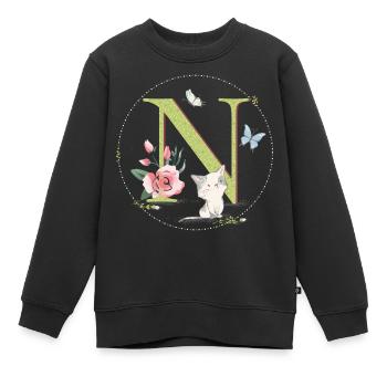 Lettre initiale N avec chat - Sweat Premium enfant bio - noir - Devant - AI Model Kid Female (0cm)
