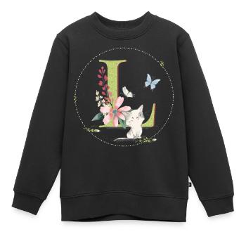 Lettre initiale L avec chat - Sweat Premium enfant bio - noir - Devant - AI Model Kid Female (0cm)