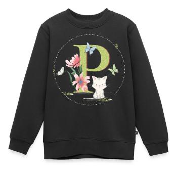 Anfangsbuchstabe P mit Katze - Kinder Premium Organic Sweatshirt - Schwarz - Vorne - AI Model Kid Female (0cm)