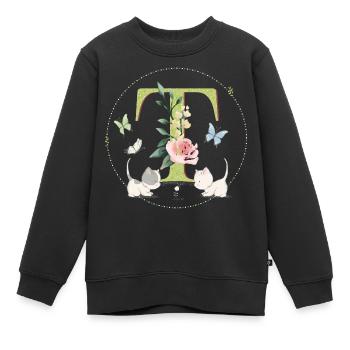 Anfangsbuchstabe T mit Katze - Kinder Premium Organic Sweatshirt - Schwarz - Vorne - AI Model Kid Female (0cm)