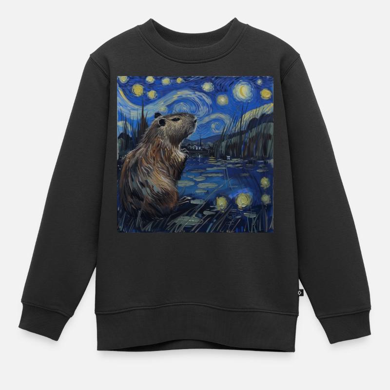 Capybara, Van Gogh, Nuit étoilée - Sweat Premium enfant bio - noir