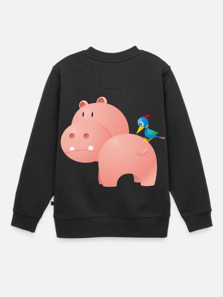 Nilpferd mit Vogel - Kinder Premium Organic Sweatshirt - Schwarz