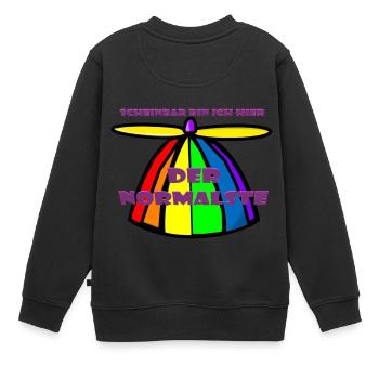 Ich bin der Normalste hier, Propellerhut - Kinder Premium Organic Sweatshirt - Schwarz - Hinten - AI Model Kid Female (0cm)
