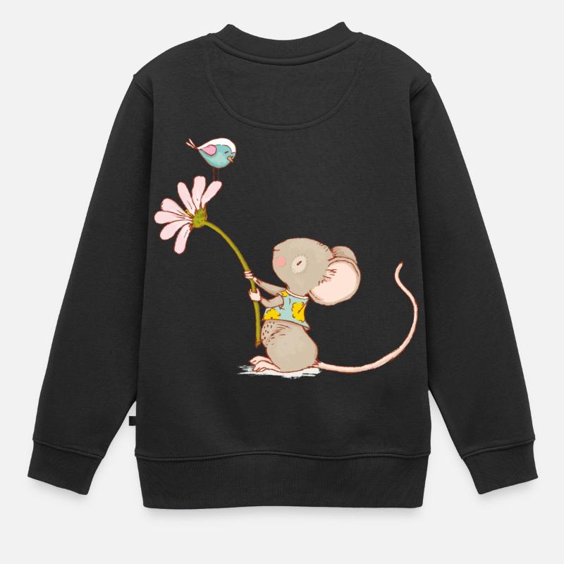 Souris avec des fleurs et des oiseaux - Sweat Premium enfant bio - noir