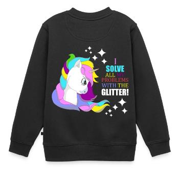 Einhorn Glitzer „Ich löse Probleme mit Glitzer“ - Kinder Premium Organic Sweatshirt - Schwarz - Hinten - AI Model Kid Female (0cm)